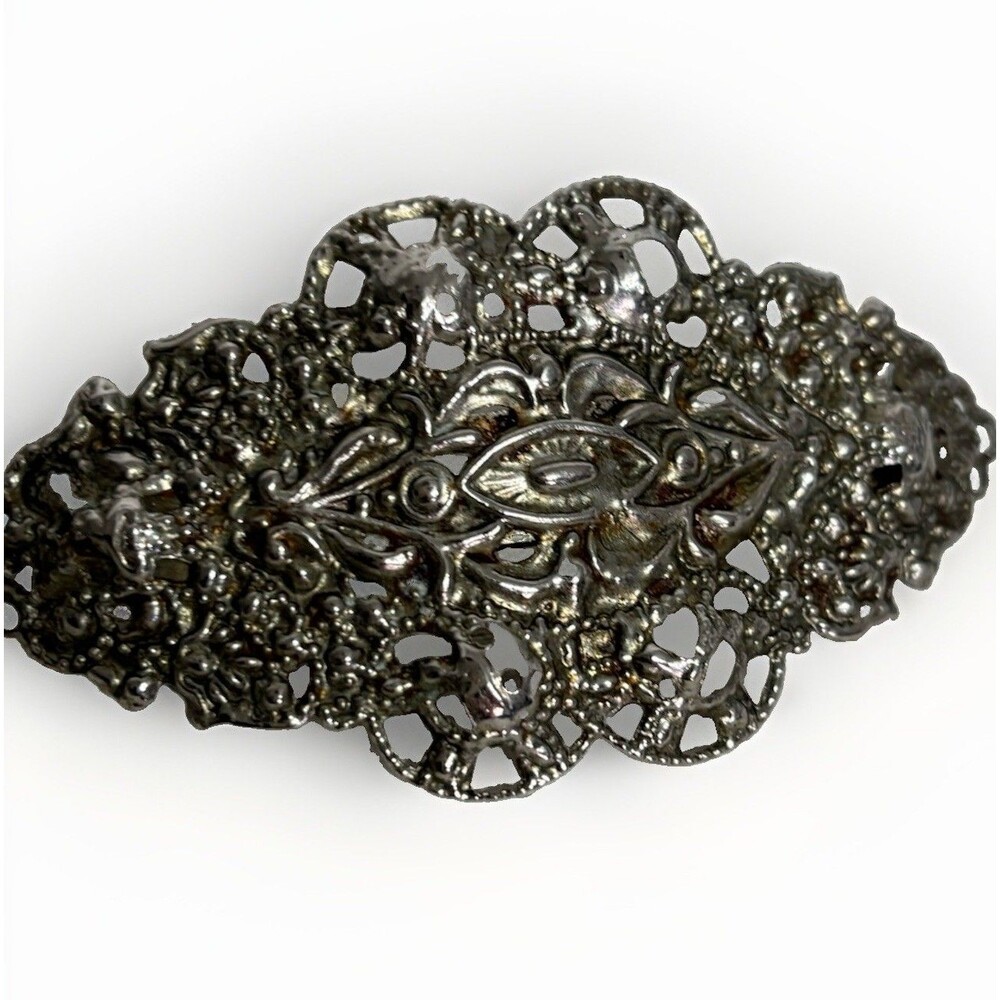 Silver Rhinestone Filigree Floral Oval Barrette Clip Victorian Vintage